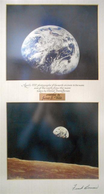(ASTRONAUTS--APOLLO 8.) FRANK BORMAN. Pair of color Photographs matted together and Signed on the mat, lower right, each showing Earth